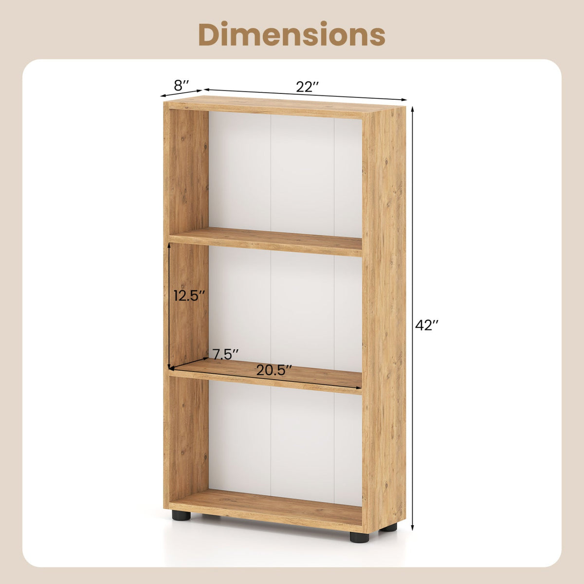 3-Tier Bookcase 42 inch Tall Book Shelf