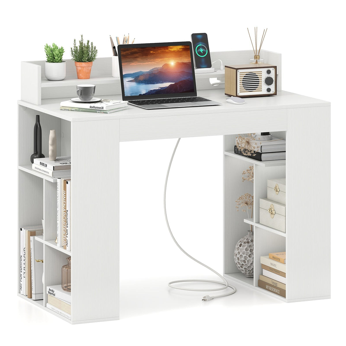 43 Inch Computer Desk with Power Outlets and 2 Bookcases