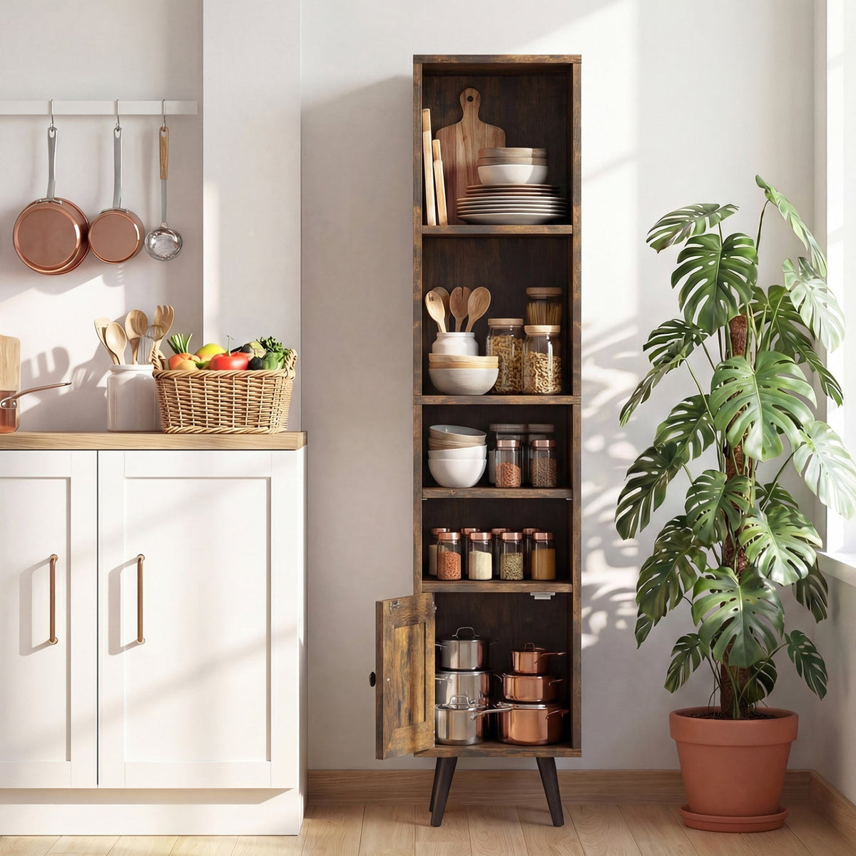 6-Tier Tall Narrow Bookcase with Storage Cabinet