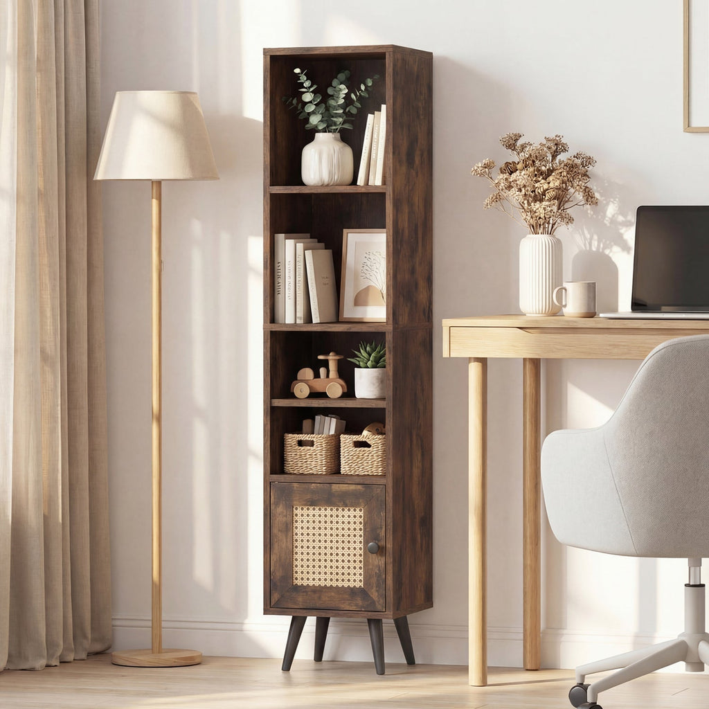 6-Tier Tall Narrow Bookcase with Storage Cabinet