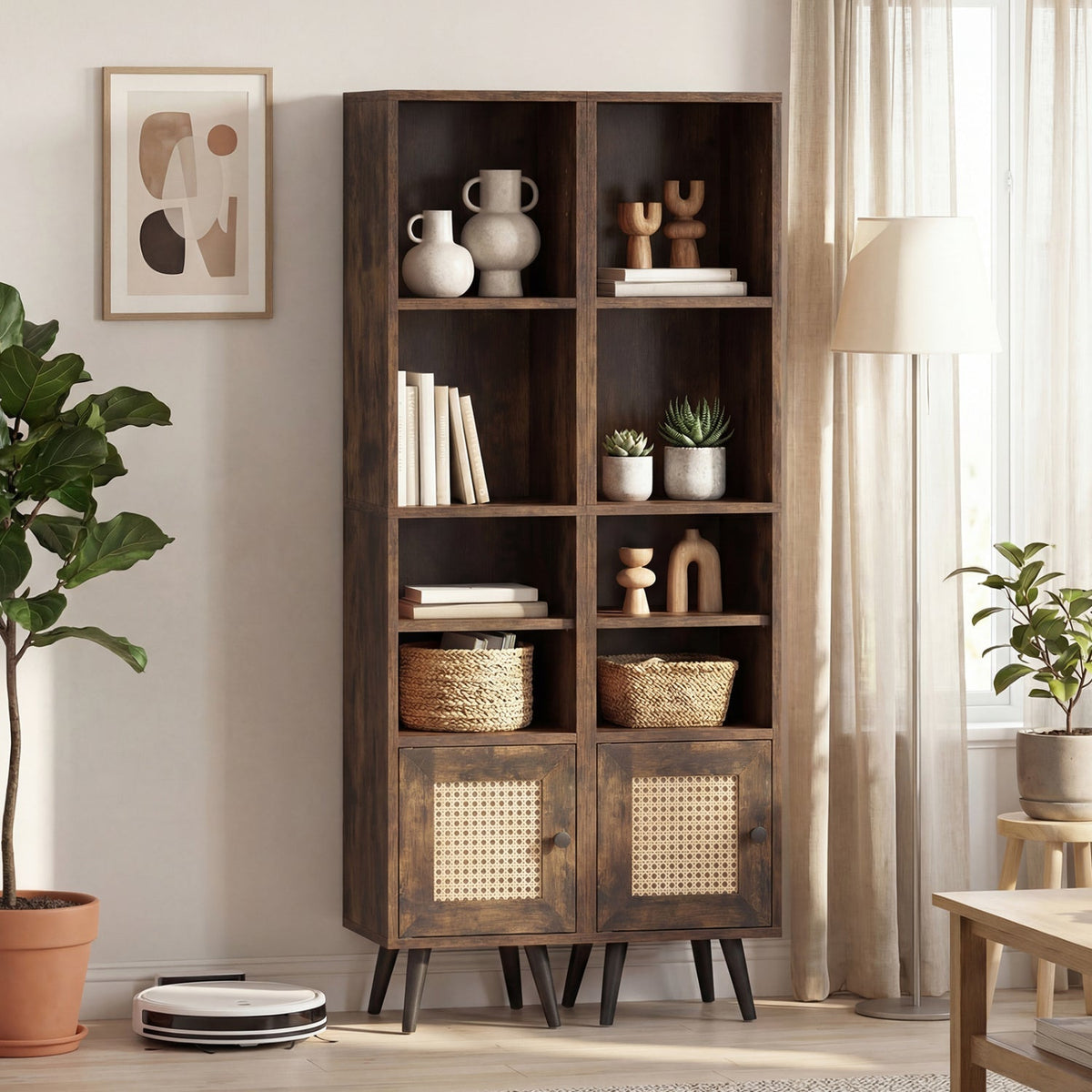 6-Tier Tall Narrow Bookcase with Storage Cabinet
