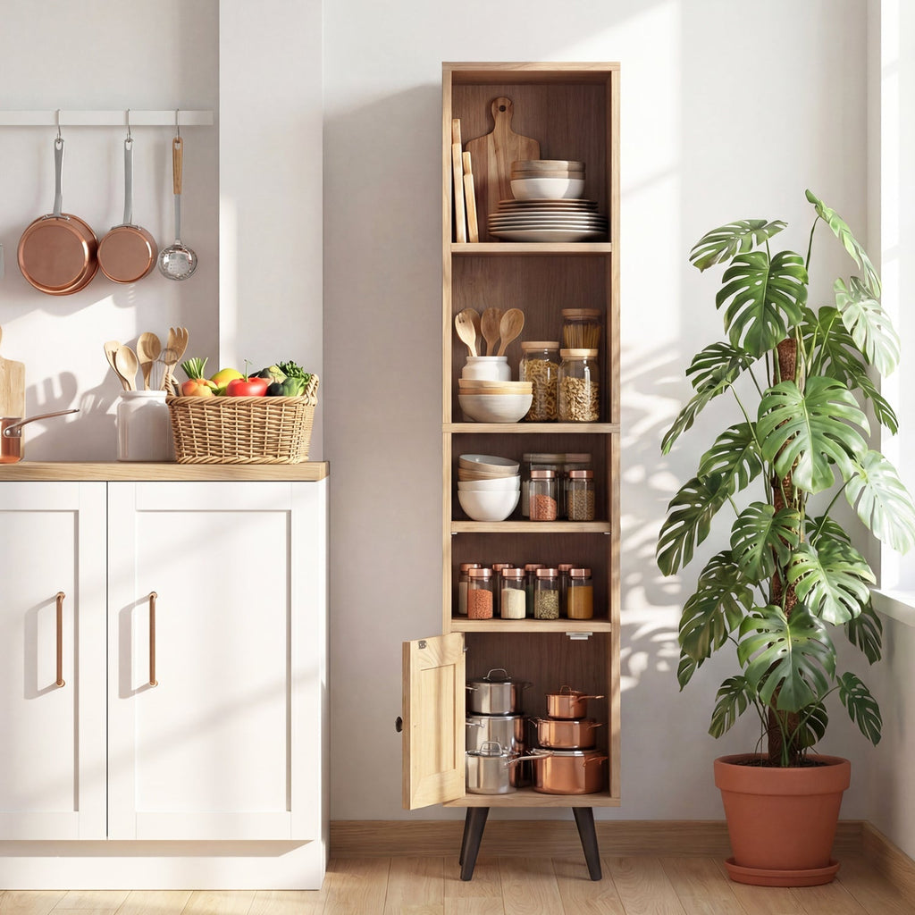 6-Tier Tall Narrow Bookcase with Storage Cabinet