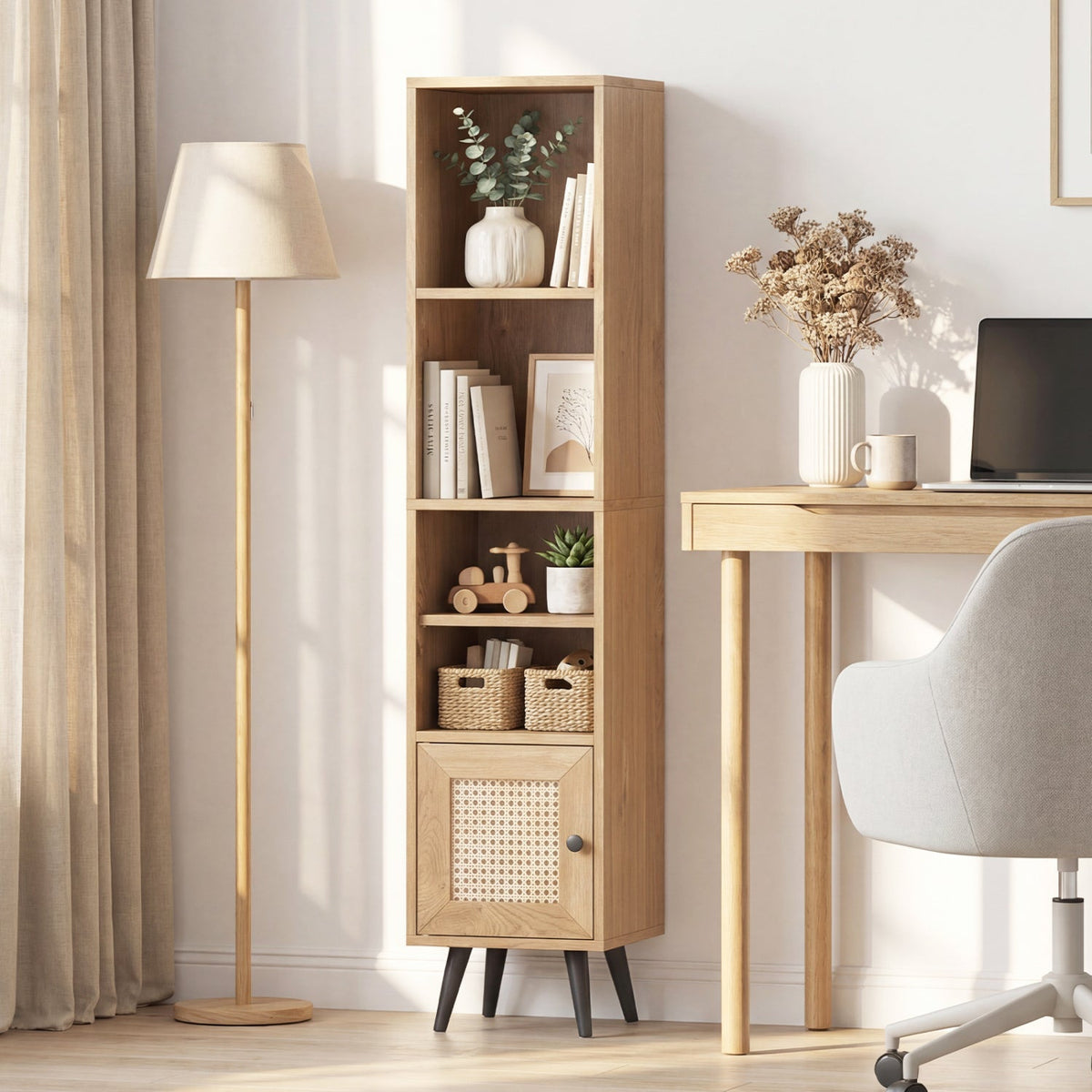6-Tier Tall Narrow Bookcase with Storage Cabinet