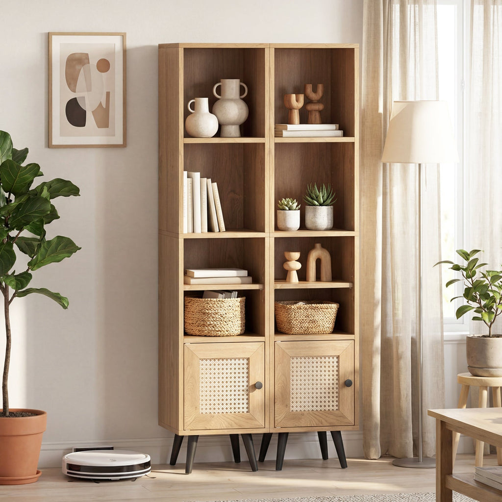 6-Tier Tall Narrow Bookcase with Storage Cabinet