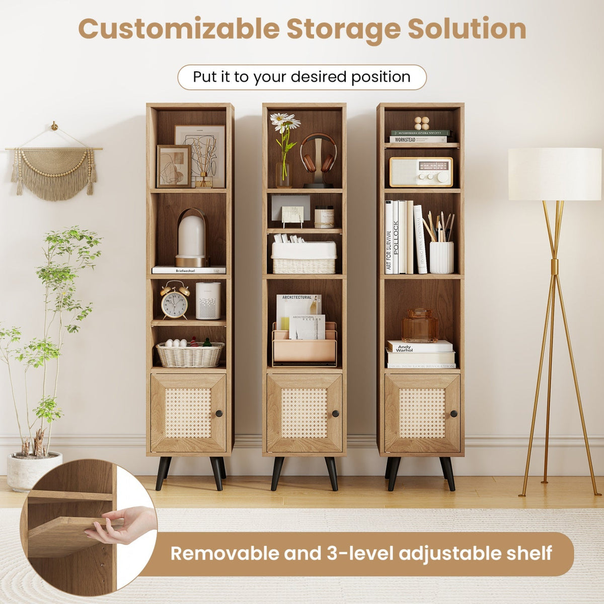 6-Tier Tall Narrow Bookcase with Storage Cabinet