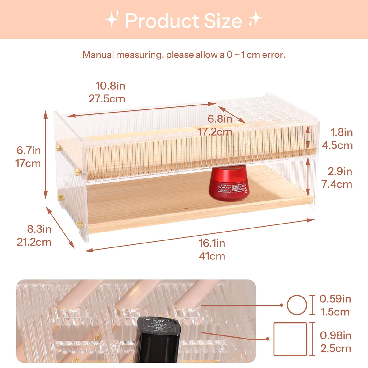 Pine Wood & Acrylic Makeup Organizer