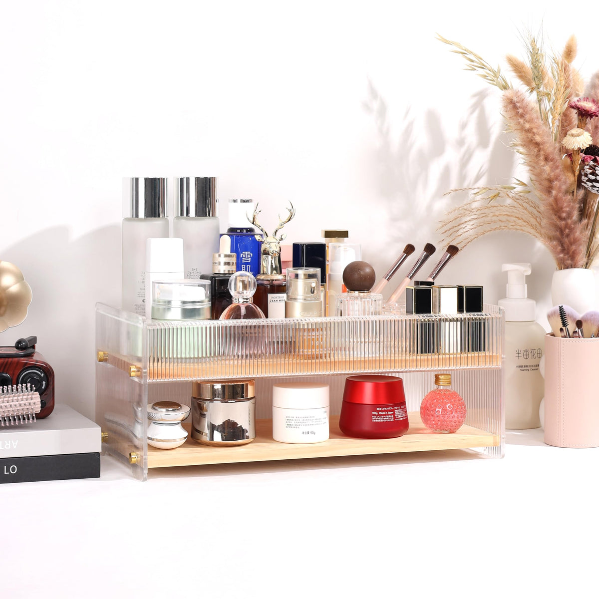 Pine Wood & Acrylic Makeup Organizer