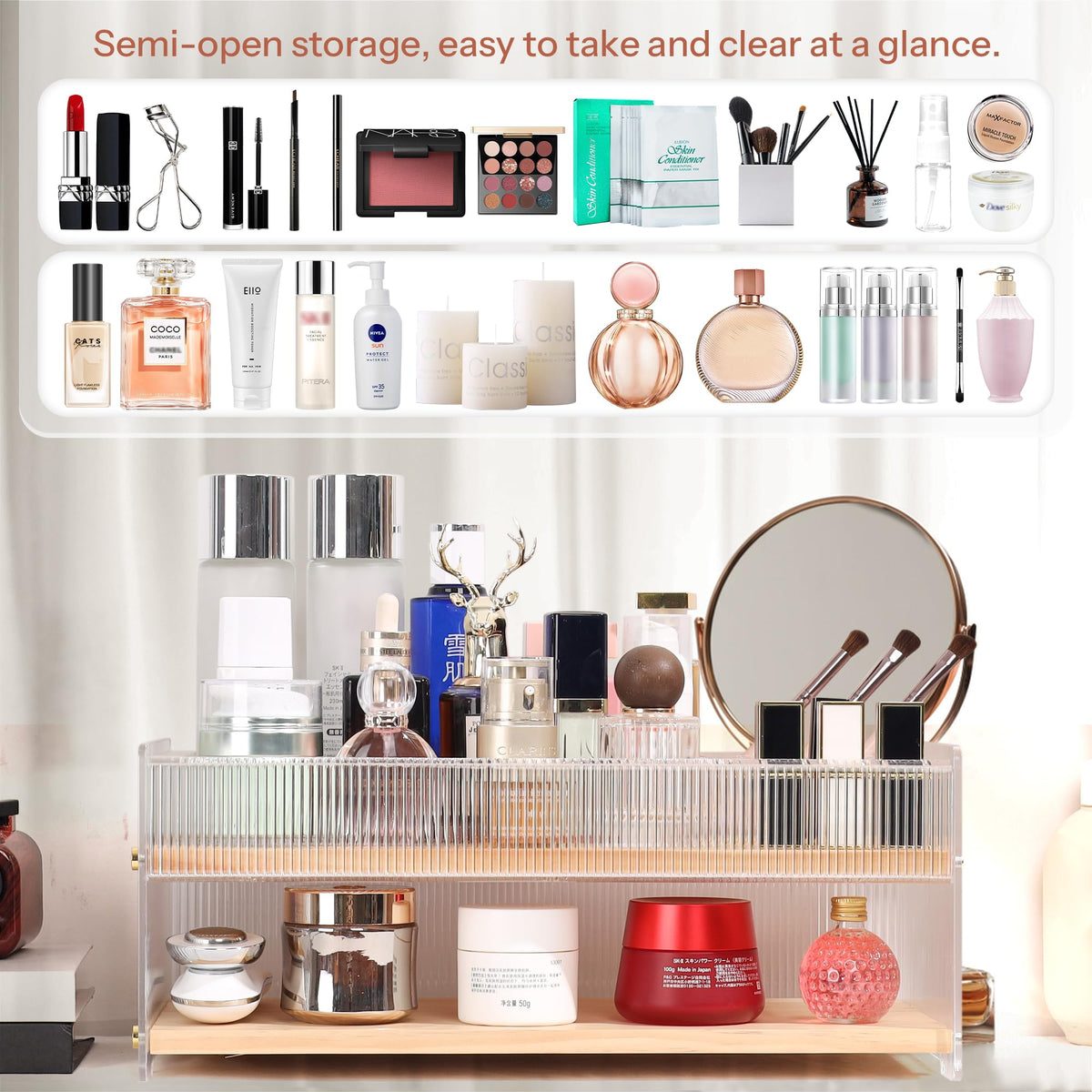 Pine Wood & Acrylic Makeup Organizer