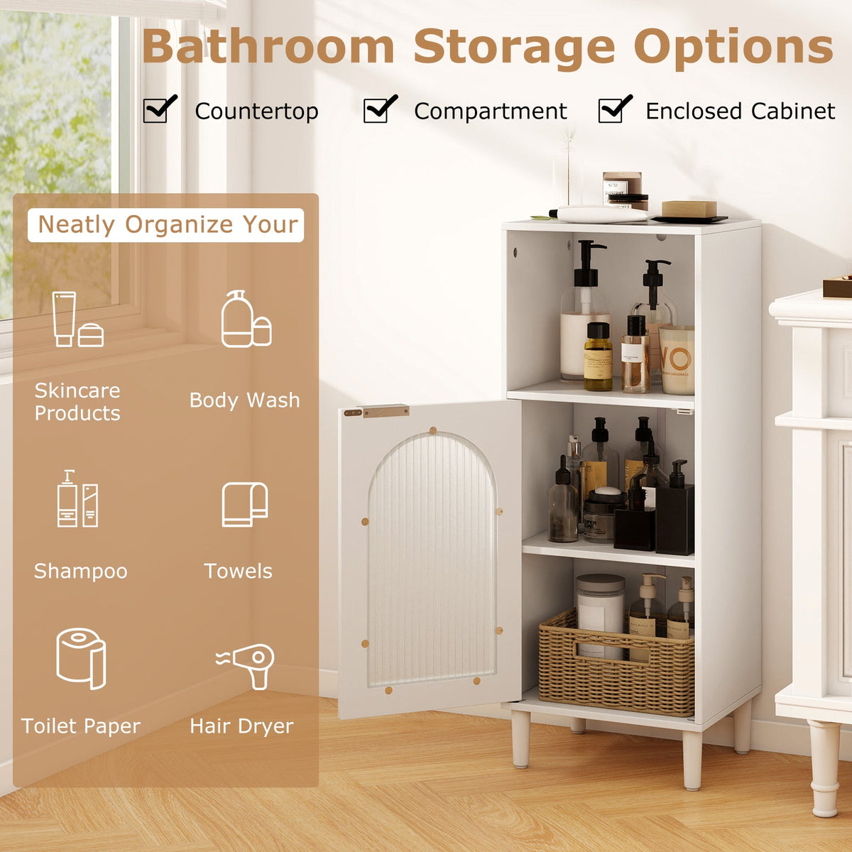 Bathroom Floor Cabinet with Glass Door