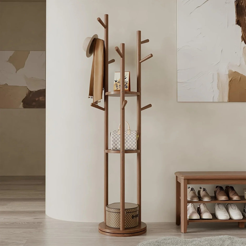 Walnut Swivel Coat Rack — 3 Shelves & 9 Hooks, Freestanding