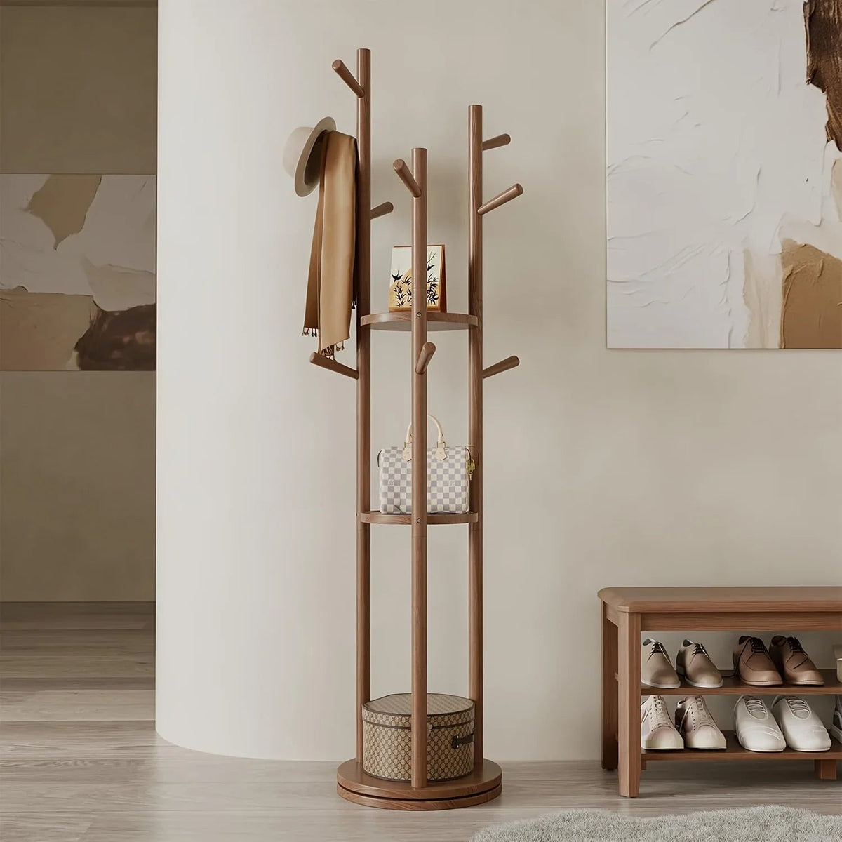 Walnut Swivel Coat Rack — 3 Shelves & 9 Hooks, Freestanding