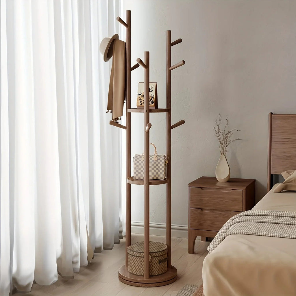 Walnut Swivel Coat Rack — 3 Shelves & 9 Hooks, Freestanding