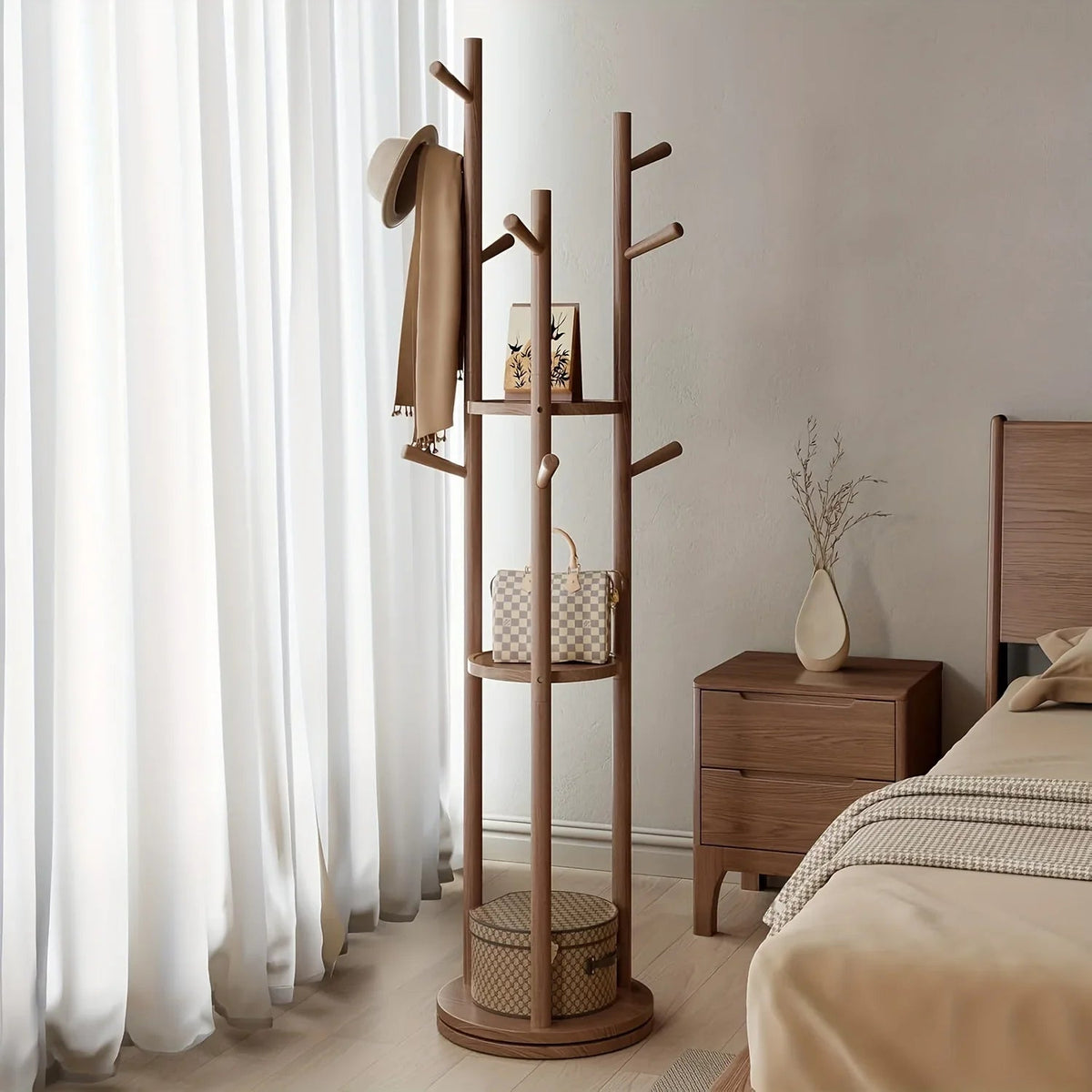Walnut Swivel Coat Rack — 3 Shelves & 9 Hooks, Freestanding