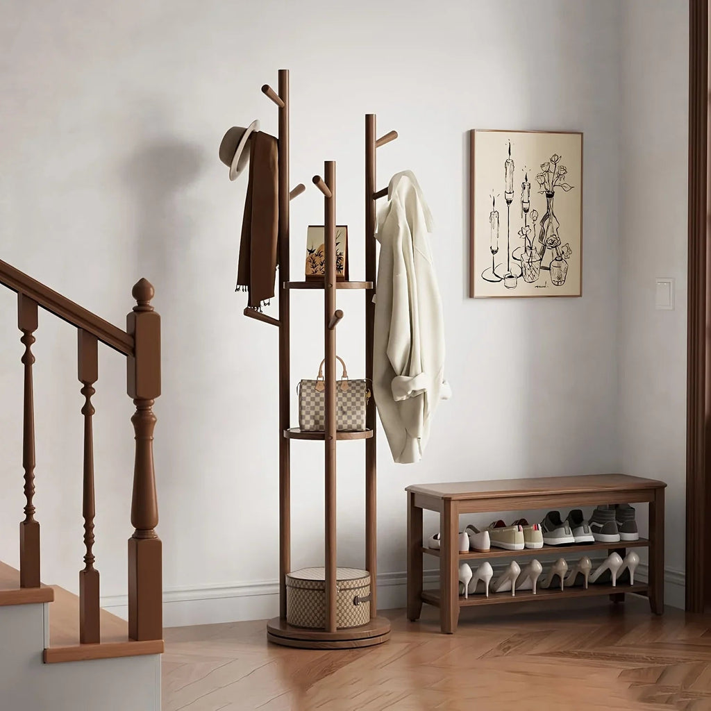Walnut Swivel Coat Rack — 3 Shelves & 9 Hooks, Freestanding