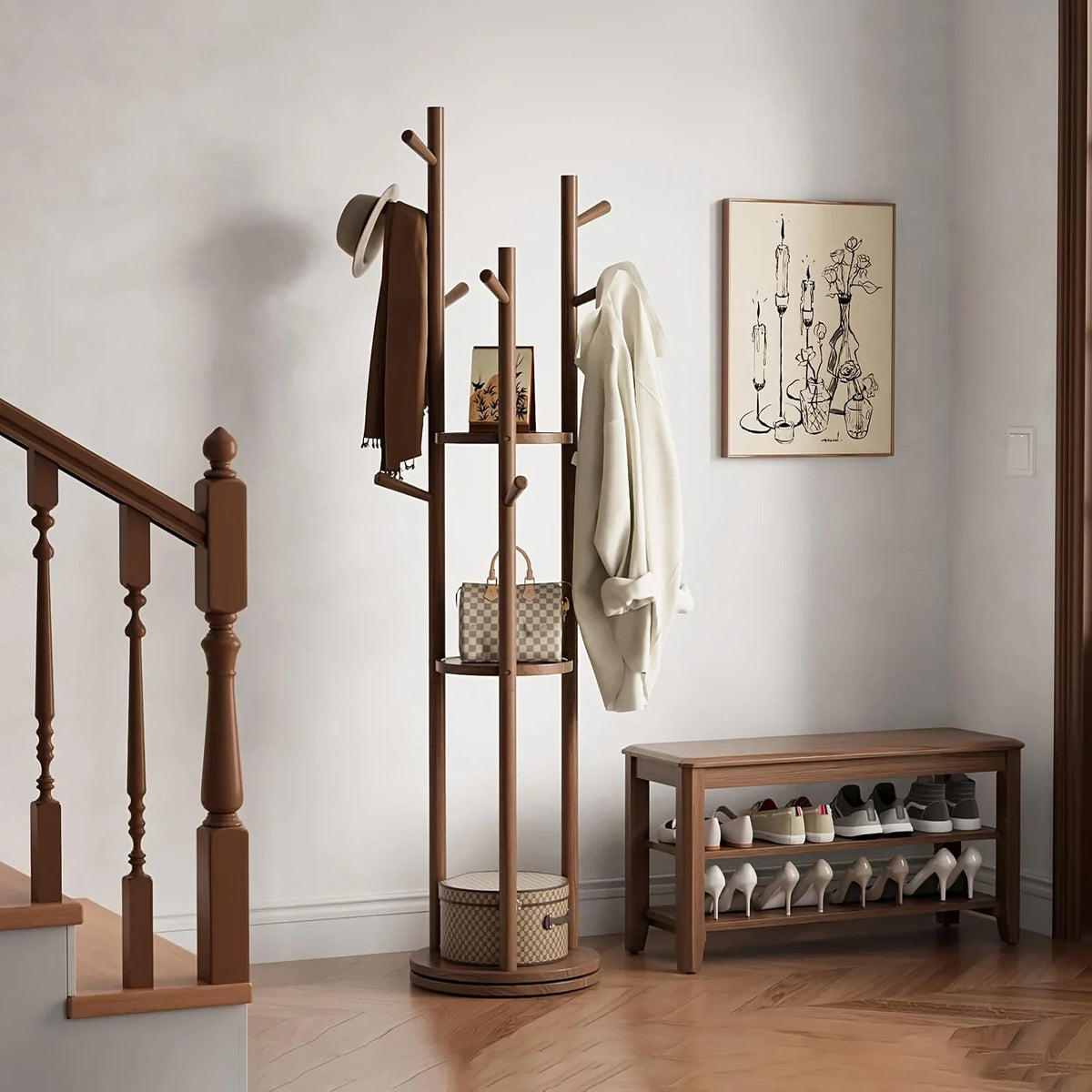 Walnut Swivel Coat Rack — 3 Shelves & 9 Hooks, Freestanding