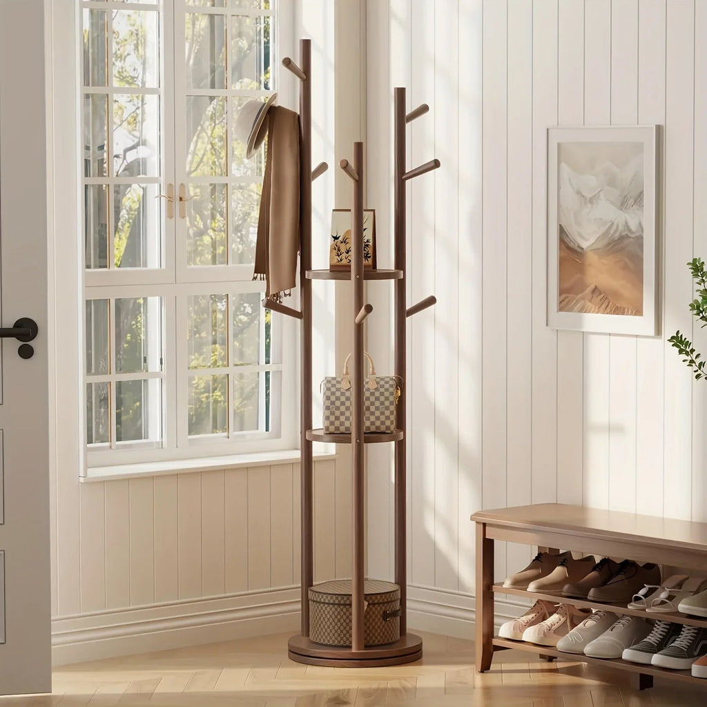 Walnut Swivel Coat Rack — 3 Shelves & 9 Hooks, Freestanding