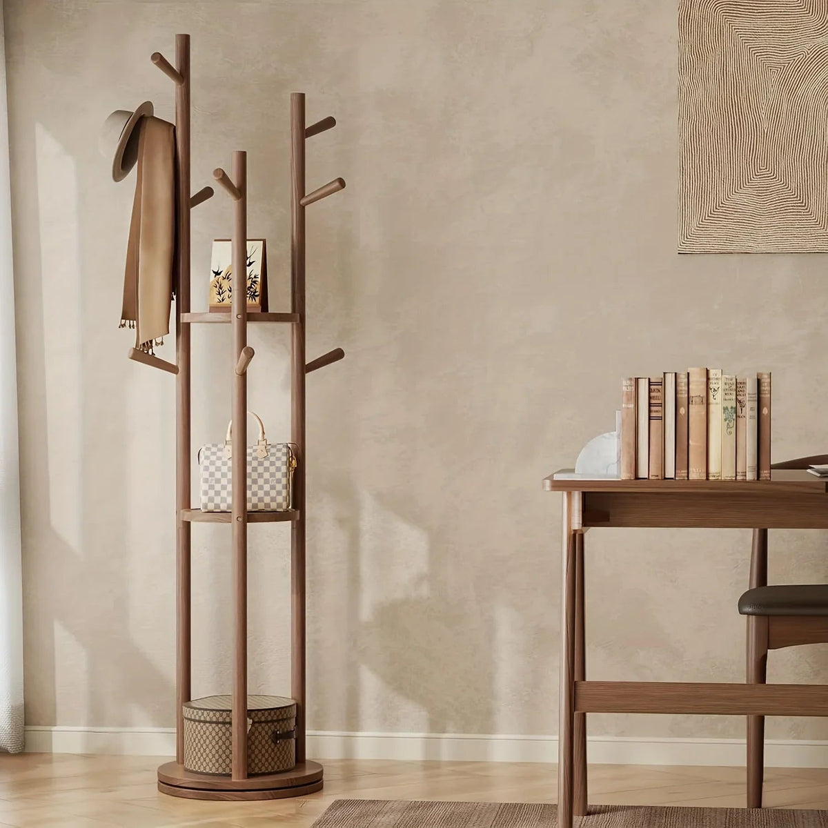 Walnut Swivel Coat Rack — 3 Shelves & 9 Hooks, Freestanding