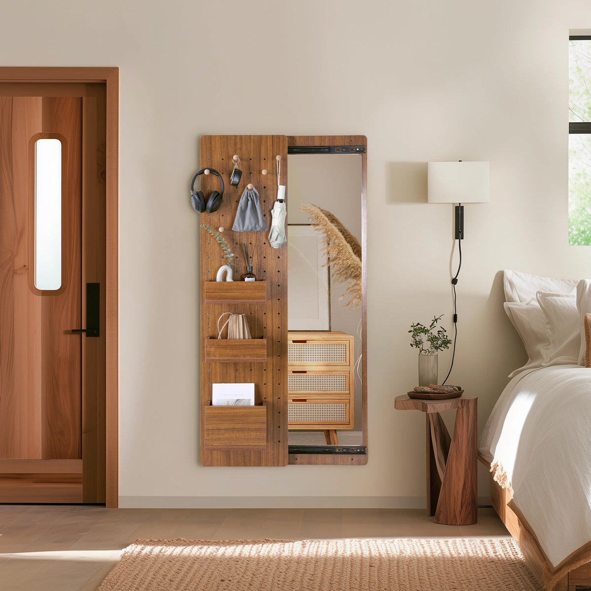 Walnut Pegboard Storage Dressing Mirror Cabinet