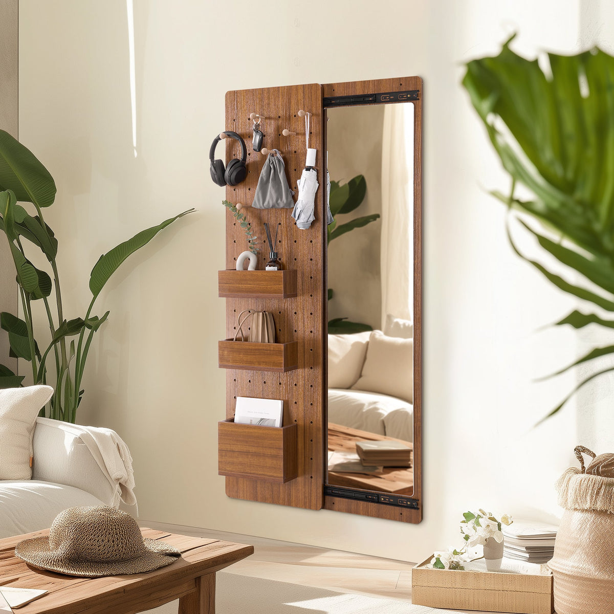 Walnut Pegboard Storage Dressing Mirror Cabinet