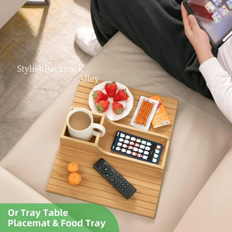 Bamboo Sofa Armrest Tray with Cup Holder — Foldable
