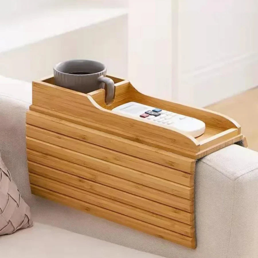 Bamboo Sofa Armrest Tray with Cup Holder — Foldable