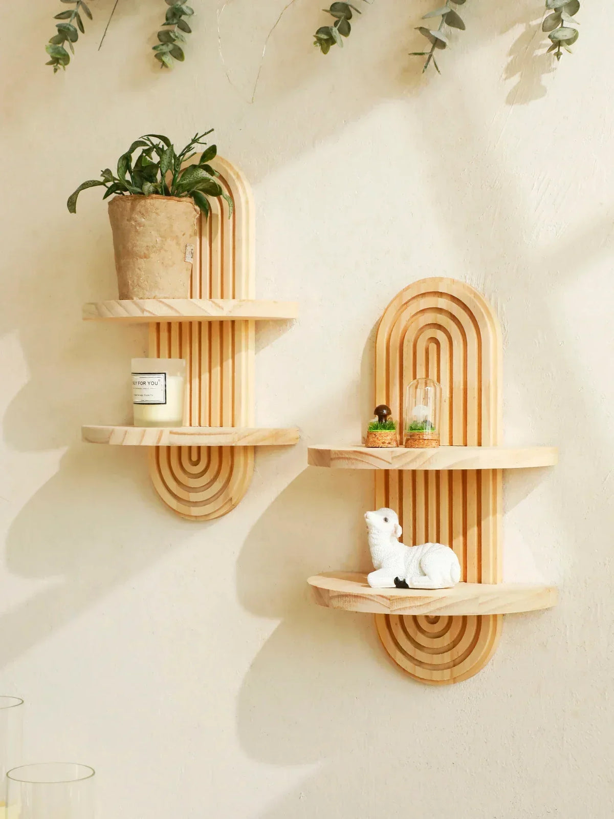 Geometric Wooden Wall Shelves — Natural Wood