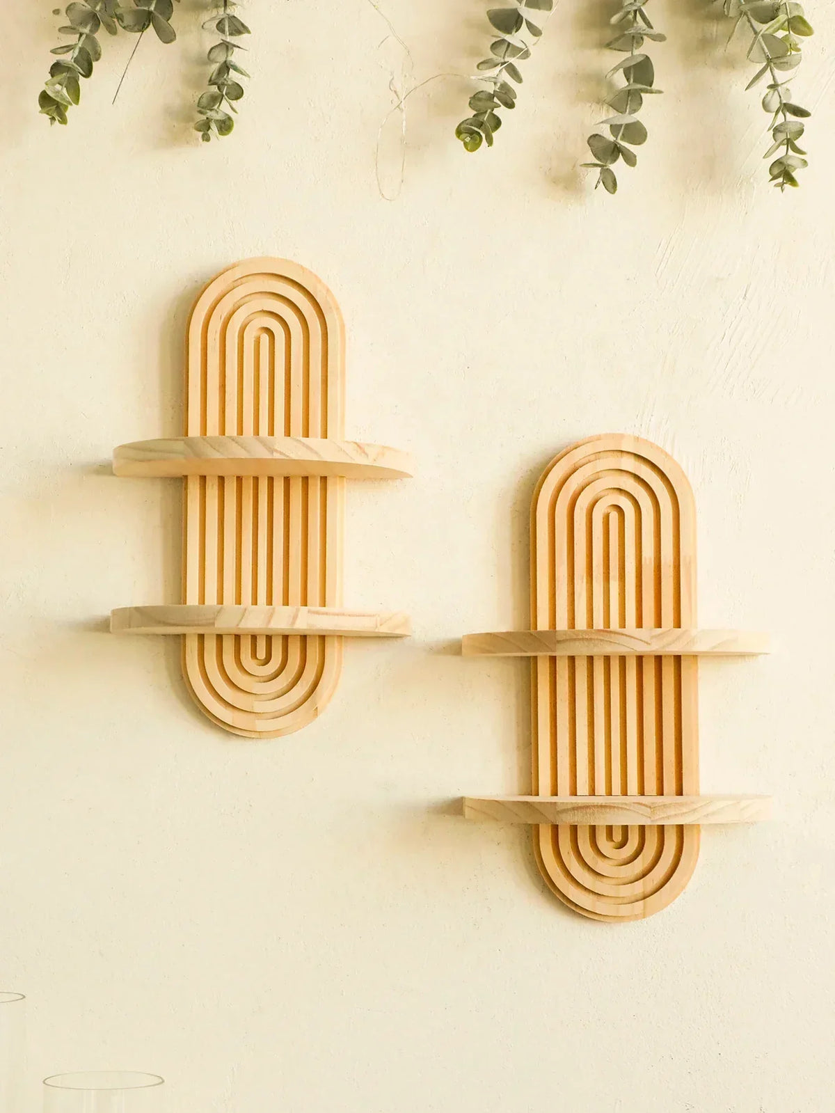 Geometric Wooden Wall Shelves — Natural Wood