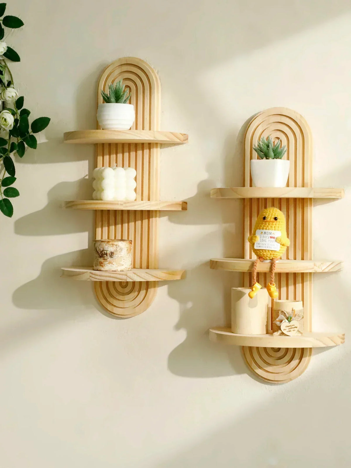 Geometric Wooden Wall Shelves — Natural Wood