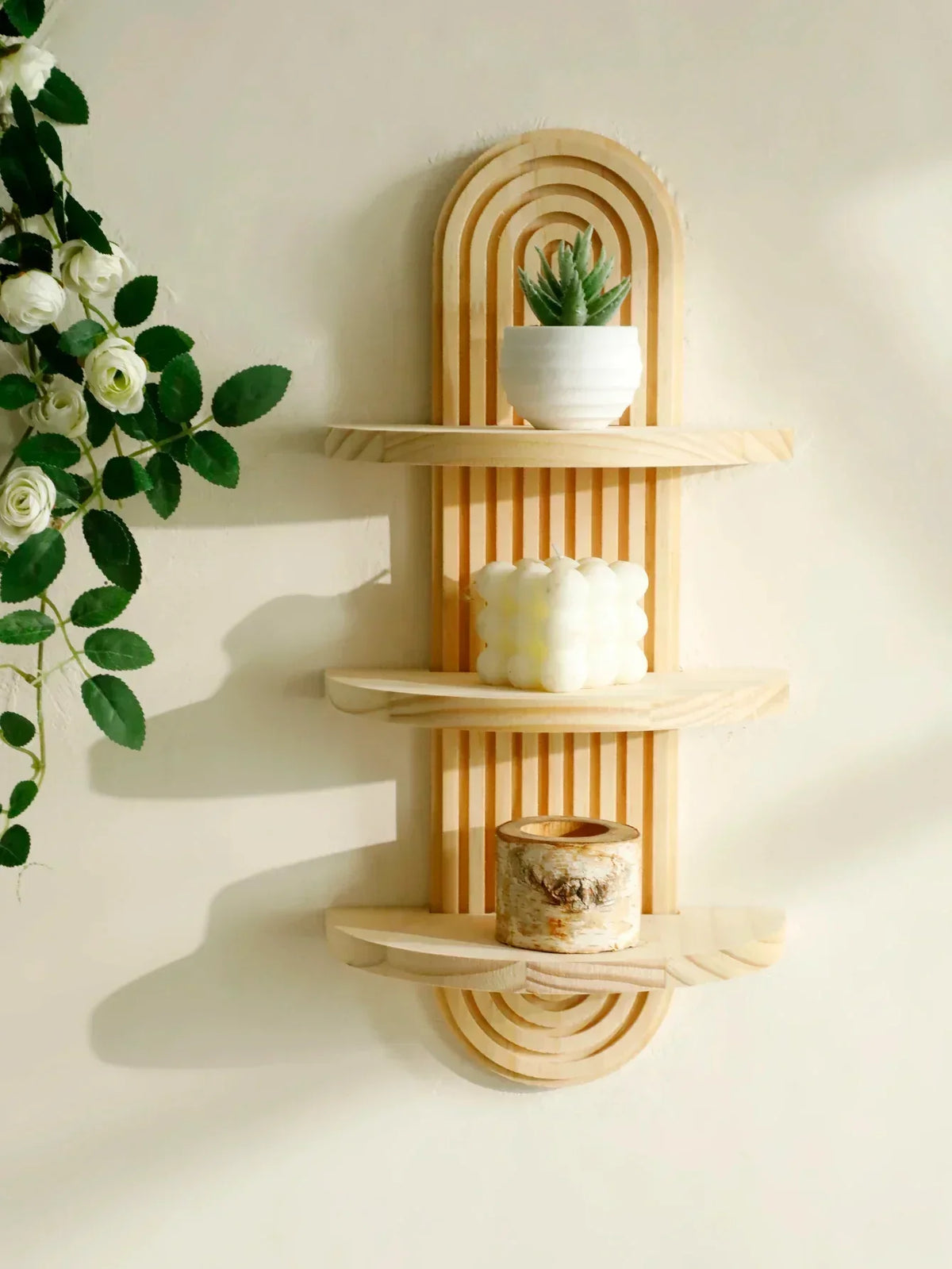 Geometric Wooden Wall Shelves — Natural Wood