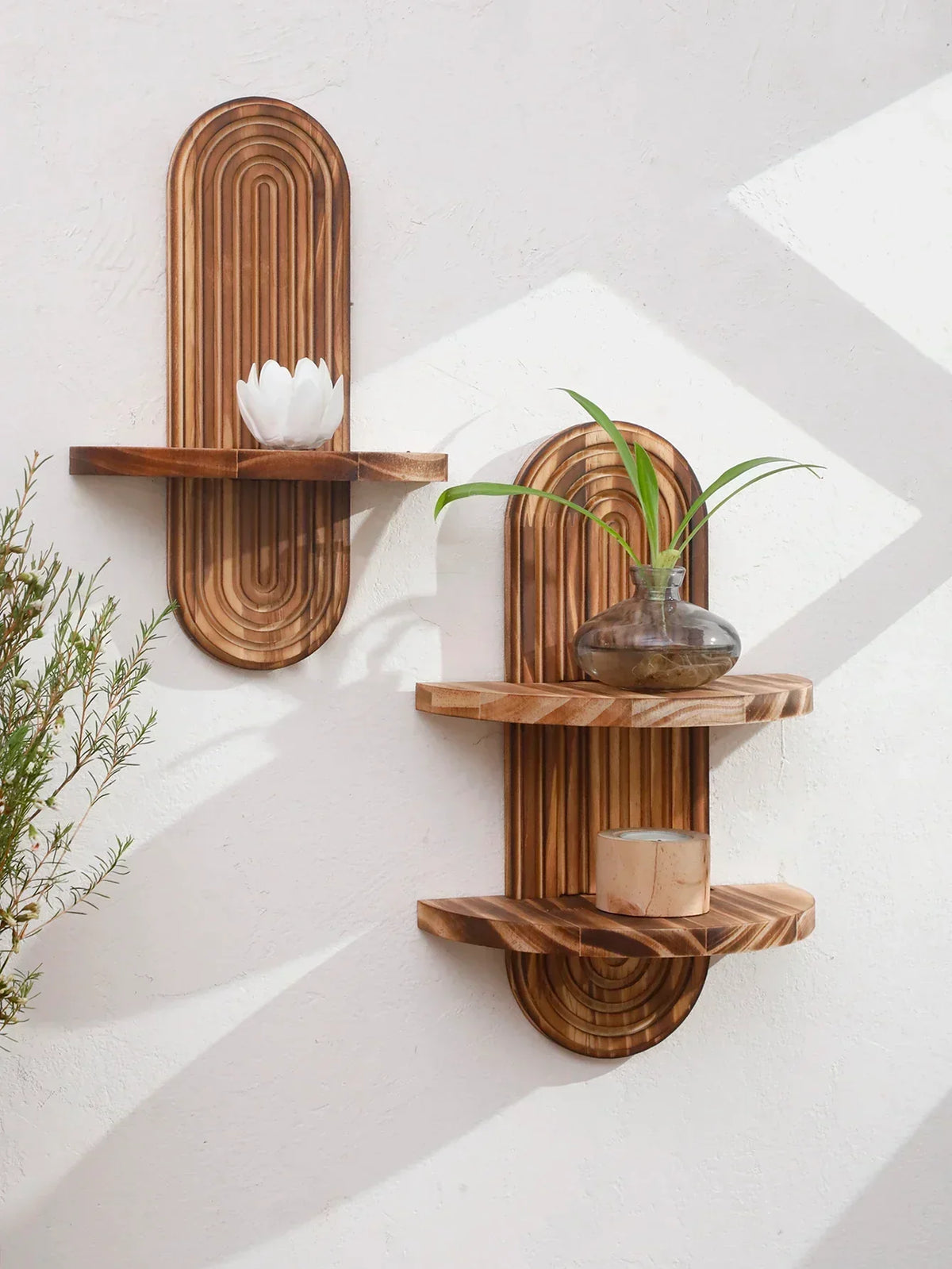 Geometric Wooden Wall Shelves — Natural Wood