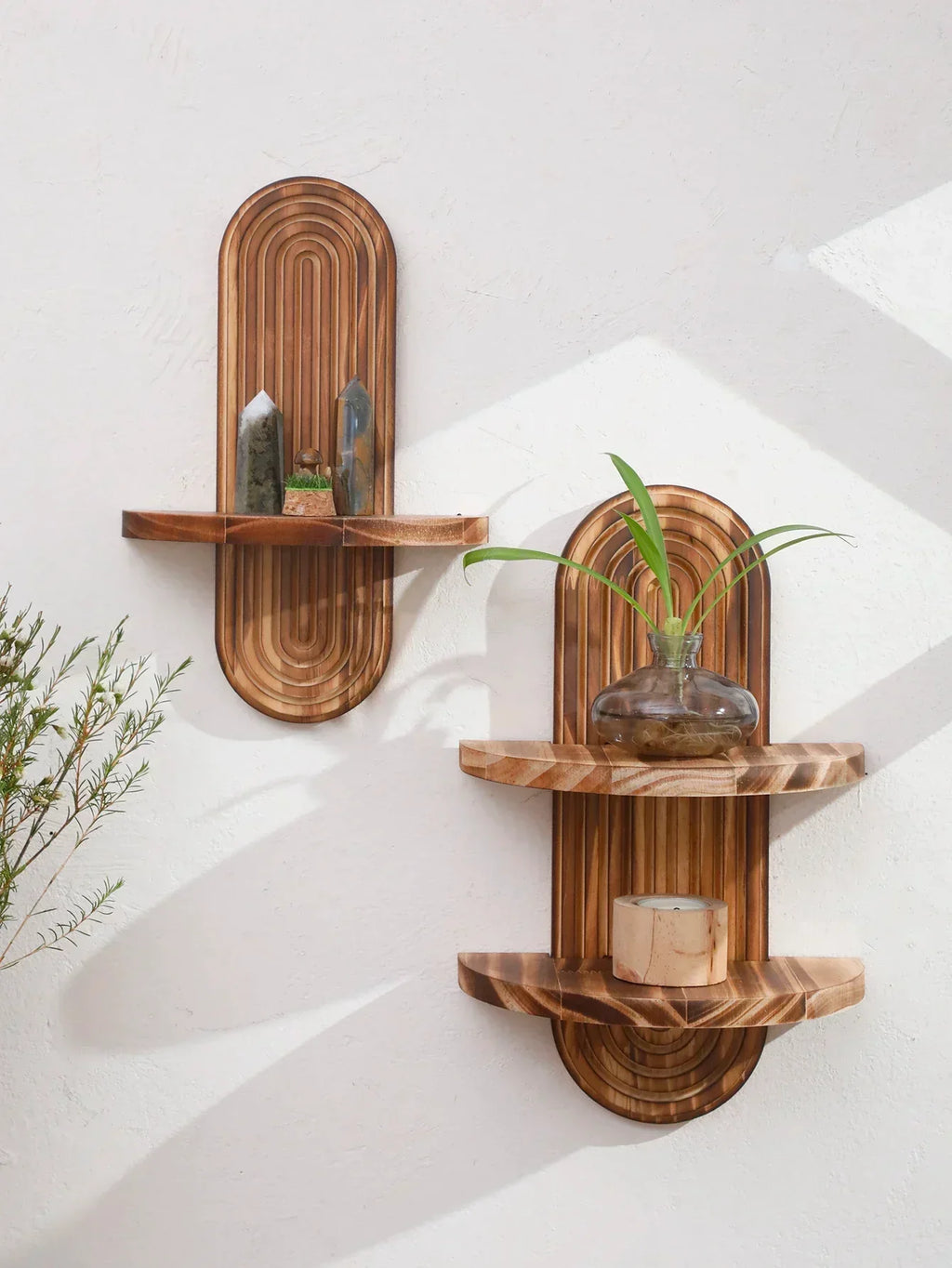Geometric Wooden Wall Shelves — Natural Wood