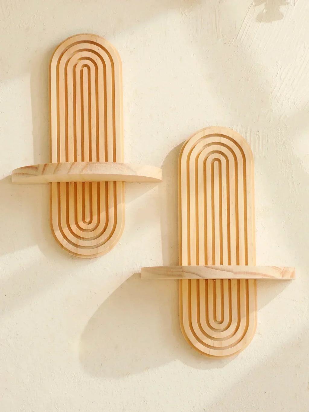 Geometric Wooden Wall Shelves — Natural Wood