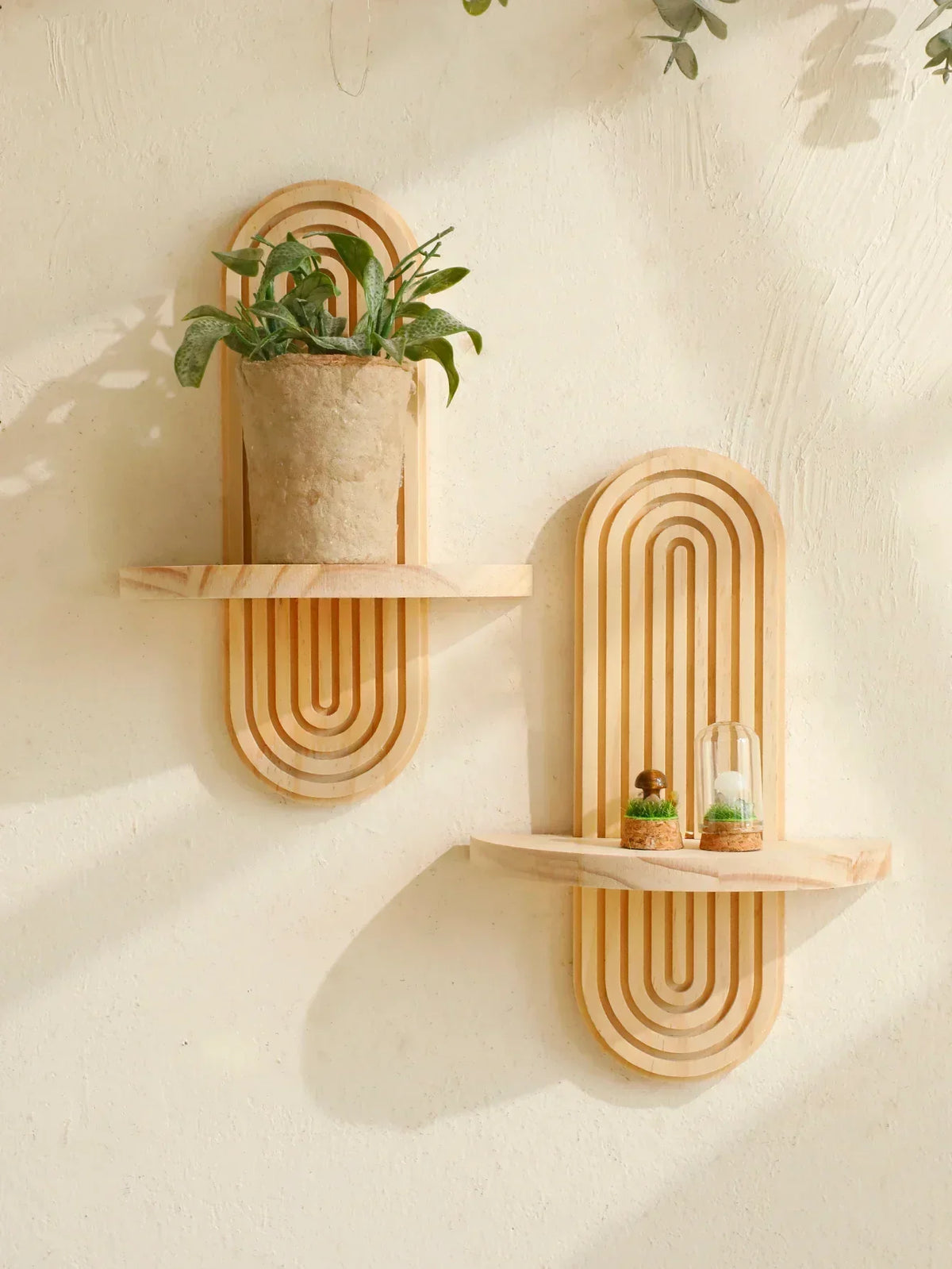 Geometric Wooden Wall Shelves — Natural Wood