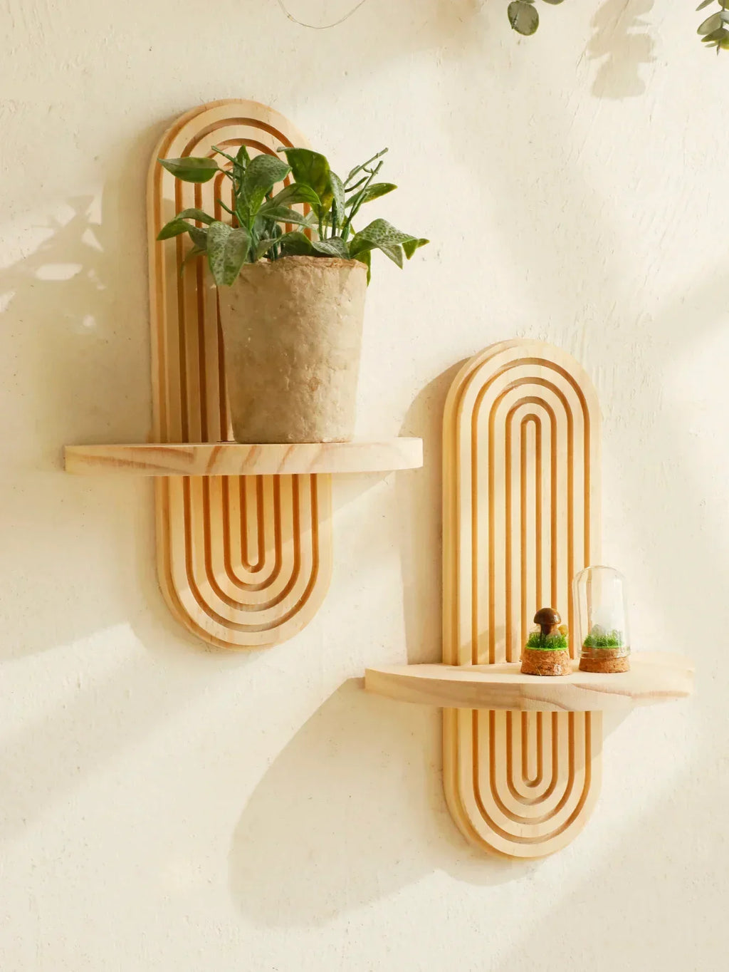Geometric Wooden Wall Shelves — Natural Wood