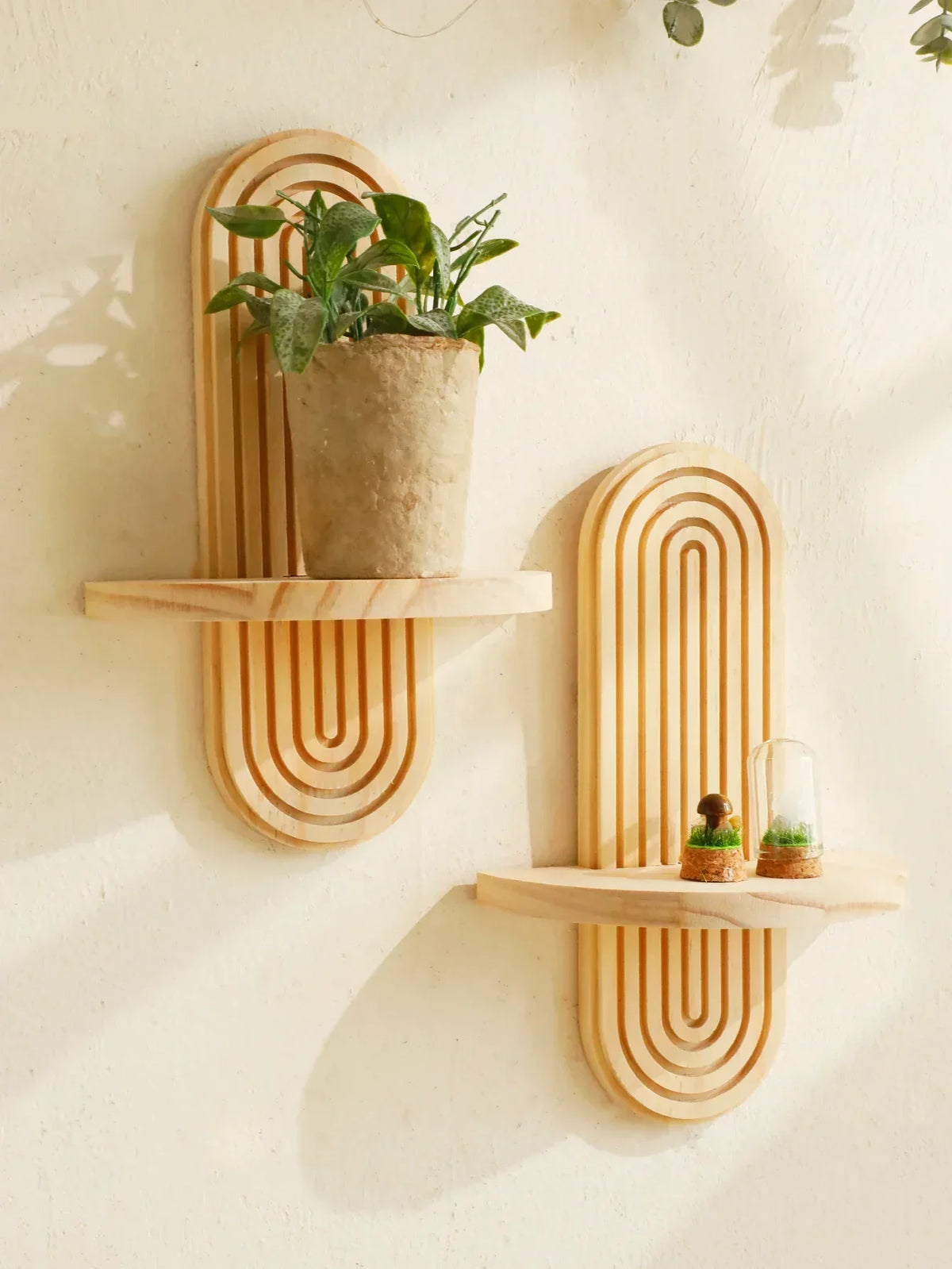 Geometric Wooden Wall Shelves — Natural Wood