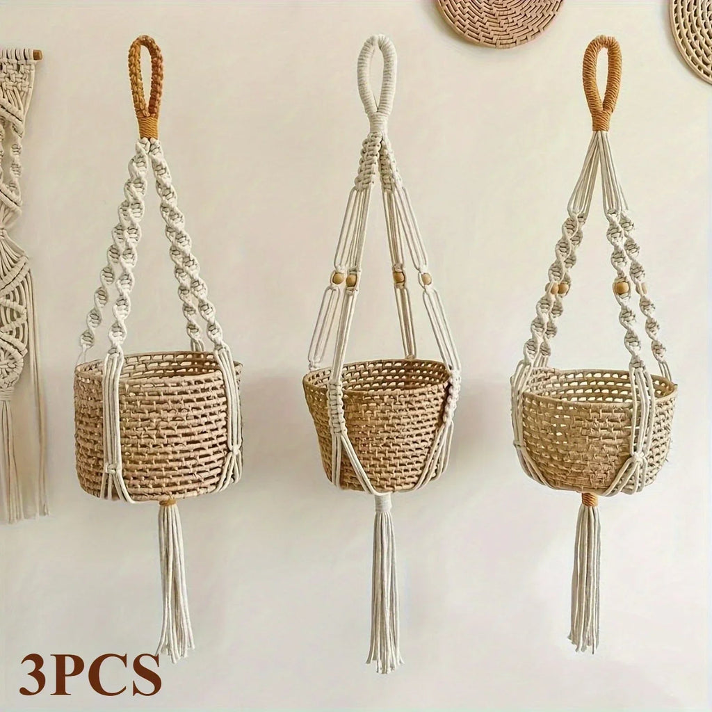 3-Piece Bohemian Handwoven Macrame Plant Hangers with Tassels