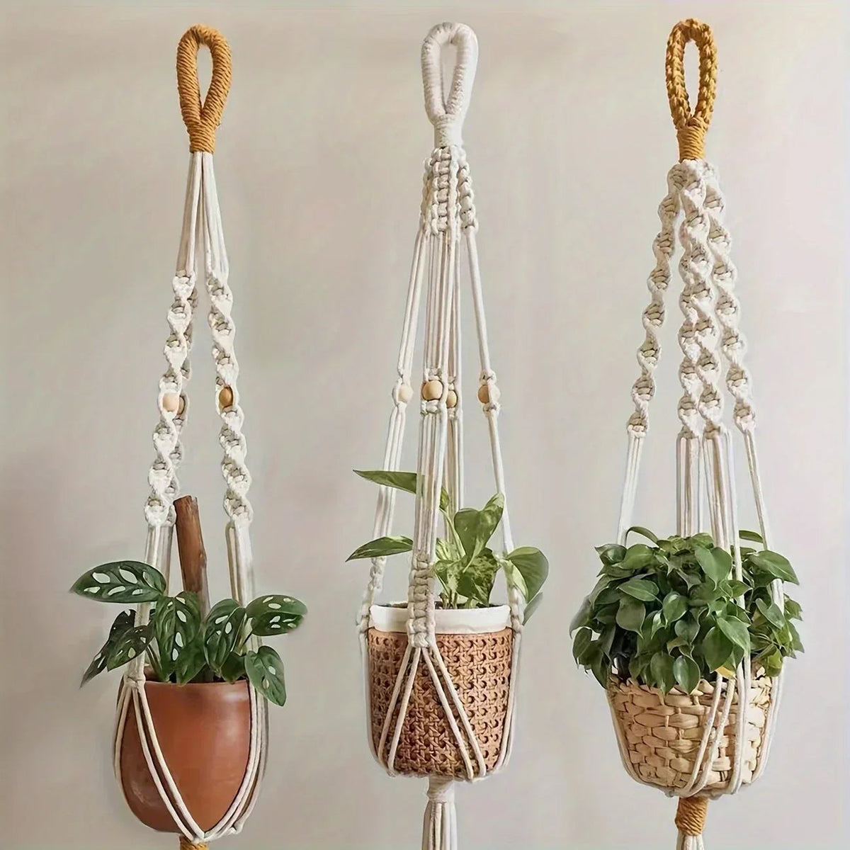 3-Piece Bohemian Handwoven Macrame Plant Hangers with Tassels
